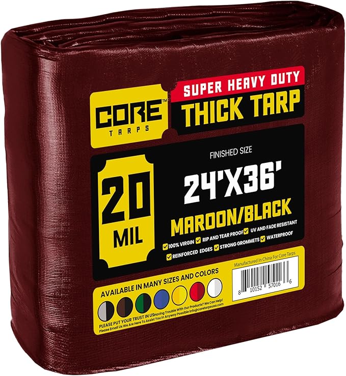 Core Tarps Extreme Heavy Duty 20 Mil Tarp Cover, Waterproof, UV Resistant, Rip and Tear Proof, Poly Tarpaulin with Reinforced Edges for Roof, Camping, Patio, Pool, Boat (Maroon/Black 24′ X 36′)