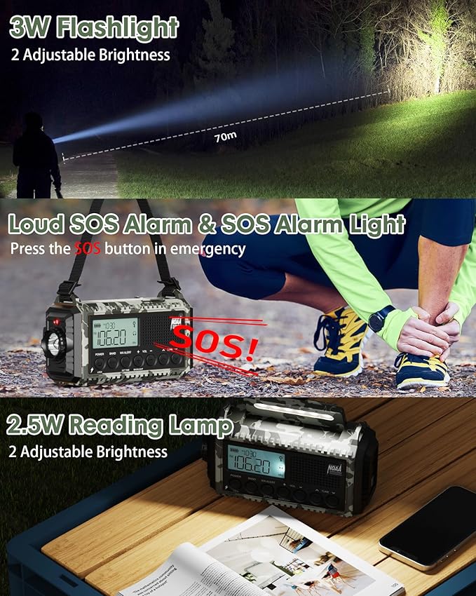 Emergency Radio, Real 12000mAh Long Lasting, Hand Crank for Emergency Power, AM/FM/SW/ 7 NOAA Weather Bands,SOS, Cell Phone Charger, Bright Flashlight, Portable Solar Radio for Outdoor/Survival Kit