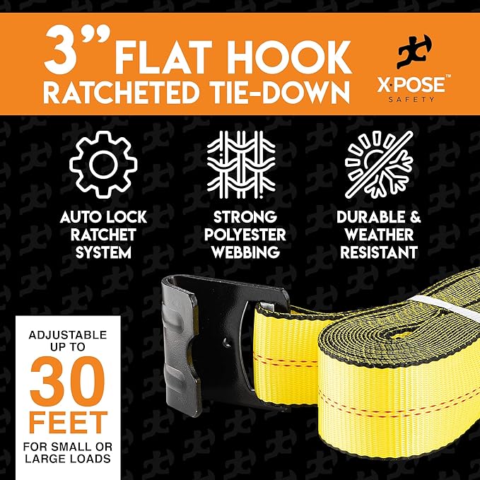 Ratchet Straps Heavy Duty 3" x 30' – 16,200 lbs Break Strength Tie Down Straps with Flat Hooks, Ratcheting Cargo Straps for Truck, Trailer, Kayak, Motorcycle & Moving – 1 Pack
