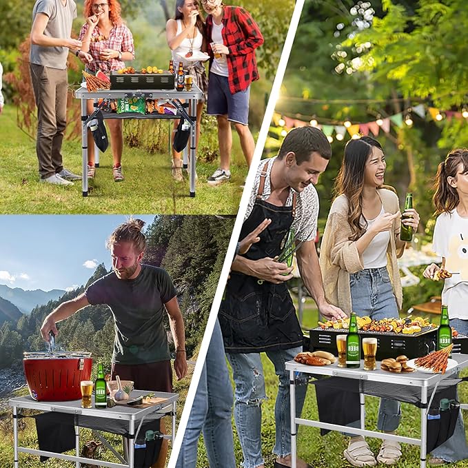C Square Folding Height Adjustable Aluminum Table - 23.6"x23.6" White, Mesh Bag, Carry Handle, Ideal for Grill, Camping, Outdoor, Card Games