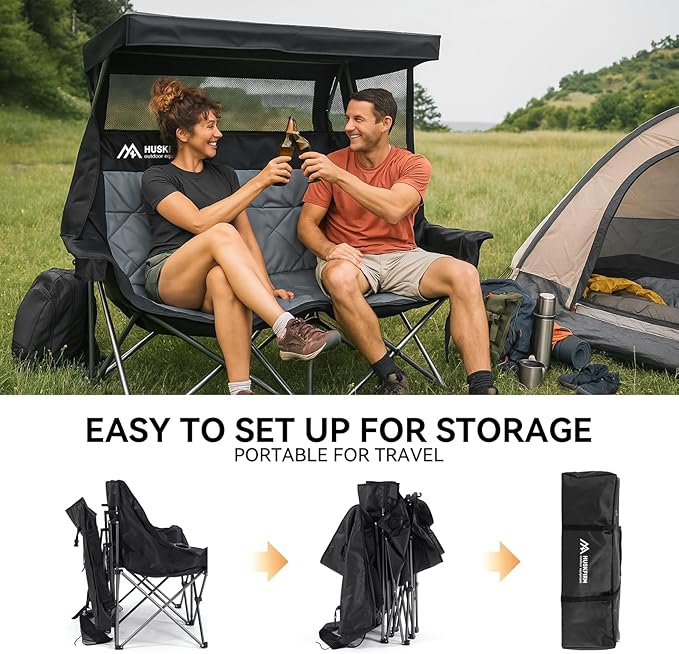 Double Camping Chair with Canopy Shade Folding Double Beach Chair with Adjustable Canopy Heavy Duty Loveseat Camping Chair with Two Cup Holders and Carry Bag for Outside, Beach Fishing Sports