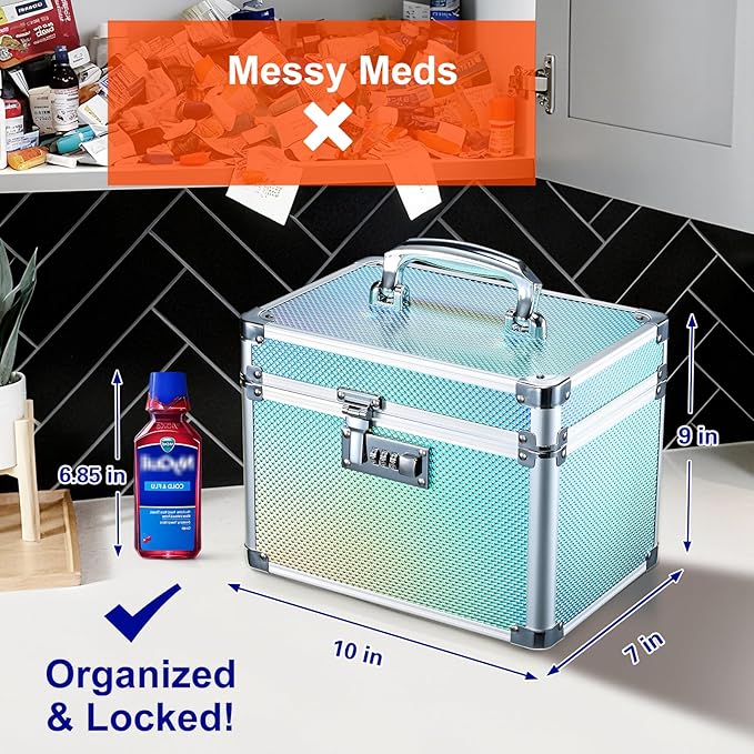 Adazzo Lockable Medicine Storage Box - Turquoise Cabinet Med Lock Organizer, 10 x 7 x 9 Inches Safe Med Case with Lock for Home, Dorm, Office, or Travel