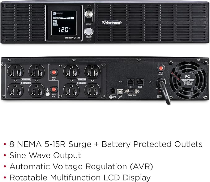 CyberPower OR1000PFCRT2U PFC Sinewave UPS System, 1000VA/700W, 8 Outlets, AVR, 2U Rack/Tower