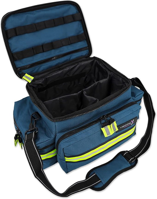 Lightning X Medium First Responder EMT Bag | LXMB25 | w/Reflective, Shoulder Strap & Zippered Compartments for First Aid + Trauma Supplies - Blue