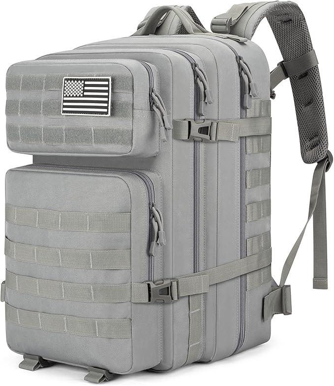 Tactical Backpack 45L Army Military Rucksack, Water Resistant MOLLE Pack, Large 3 Day Bug Out Bag for Men & Women, Durable Outdoor Gear for Hiking, Camping, Hunting, Travel (Grey)
