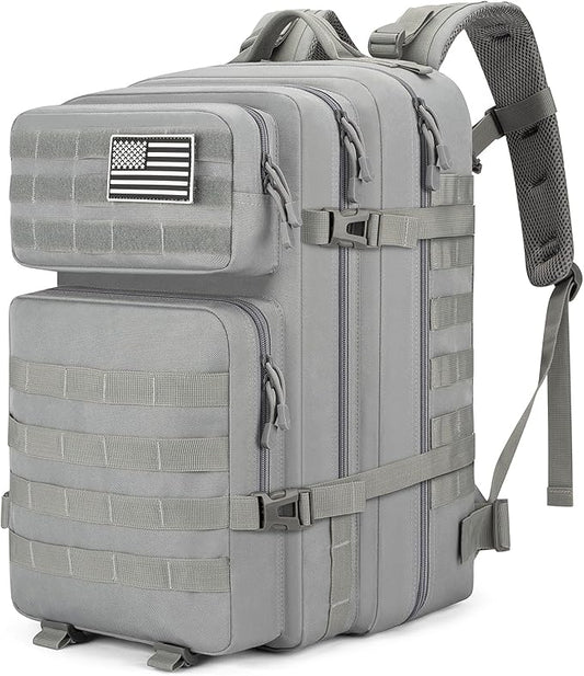 Tactical Backpack 45L Army Military Rucksack, Water Resistant MOLLE Pack, Large 3 Day Bug Out Bag for Men & Women, Durable Outdoor Gear for Hiking, Camping, Hunting, Travel (Grey)