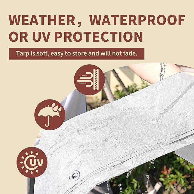 TARPAL 10'x20' (2-Pack) White Tarp Waterproof 7.5 mil Medium Duty All Purpose Poly Tarps Cover Waterproof,Snow Proof UV Protection,Rip and Tear Proof,Poly Tarpaulin