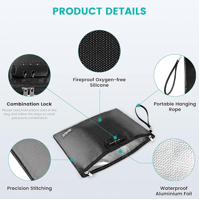 Airfish Fireproof Document Bags with Lock, 14.2 x 10 inches Zipper Closure Money Bag, Safe and Waterproof Storage Pouch for A4 A5 Document, Cash, Watch, Jewelry, Passport, Phone, Pad