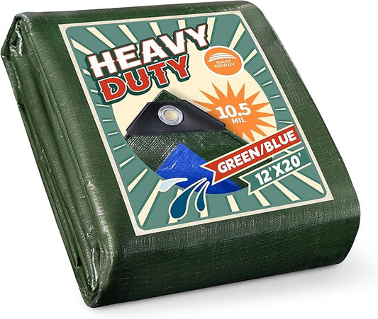 RAINDEWAY Tarps Heavy Duty Waterproof 12x20 Feet,10.5 Mil Waterproof Tarps for Outdoors,Multipurpose Poly Tarp Cover with Metal Grommets and Reinforced Edges,Green/Blue