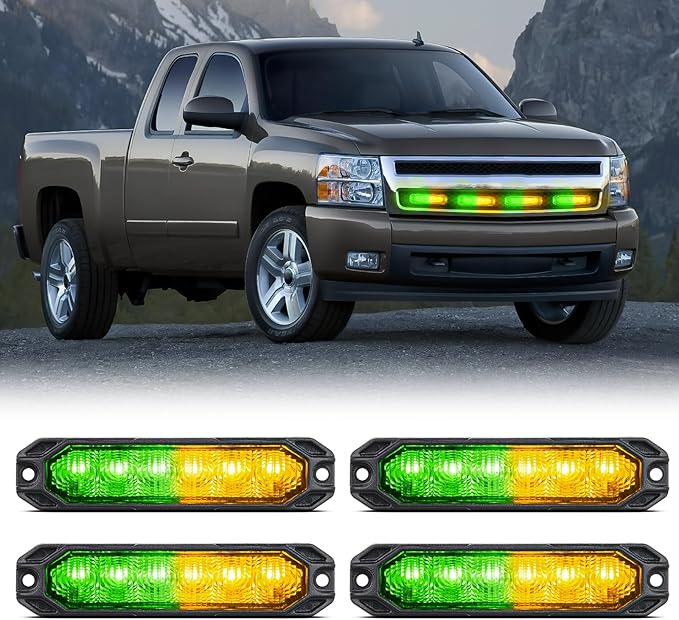 Nilight 4PCS 6LED Amber Green Emergency Strobe lights 12V 24V Surface Mount Flashing Warning Hazard Light Ultra Slim Sync Feature Grille for Cars Trucks Van Off Road Vehicles SUV