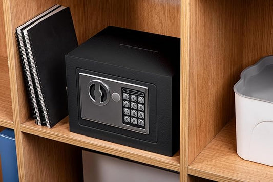 Small Electronic Safe Box With Digital Keypad & Keys - 9.05 x 6.7 x 6.7 Inches Wall Safe 0.23Cuft Mini Security Box for Coin Home Office Hotel Rooms Business Jewelry Gun (Black)