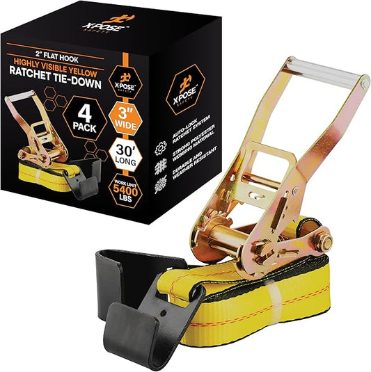 Ratchet Straps Heavy Duty 3" x 30' – 16,200 lbs Break Strength Tie Down Straps with Flat Hooks, Ratcheting Cargo Straps for Truck, Trailer, Kayak, Motorcycle & Moving – 4 Pack