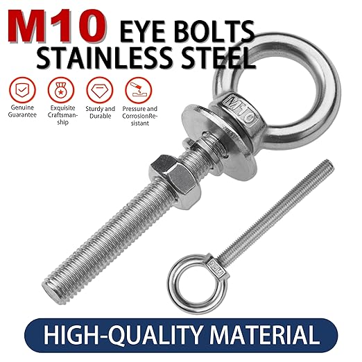 8 Pack M10 Stainless Steel Eye Bolts with Nuts, 3/8" x 3" Long Lifting Ring Eye Bolt， Eye Bolts Heavy Duty for Hang Tie Down Outdoor (8, M10x77mm (3/8"x3"))