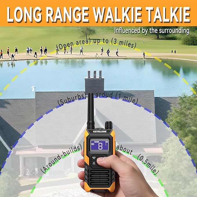 KETELESE T4 Walkie Talkie IP67 Waterproof, Type-C Rechargable Two Way Radio, Dual PTT, NOAA Weather, VOX, Group, Scan, FRS Radios 2 Watts, for Adults, 2Pack, Orange