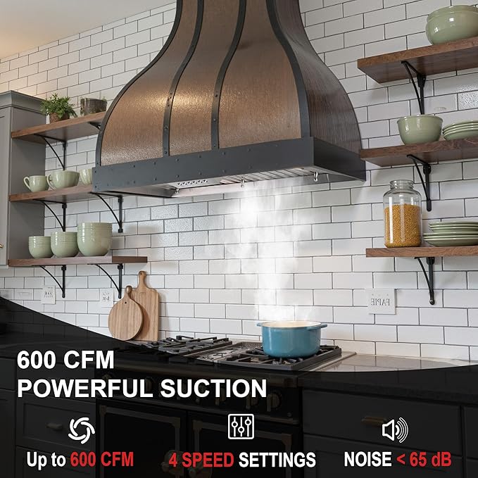 Akicon Range Hood Insert 36 Inch with Heater Sensor, 600 CFM Bulit-in Kitchen Vent Hood with 4 Speeds, Ultra-Quiet Duct Stove Hood 3CCT LED Lights and Dishwasher Safe Filters