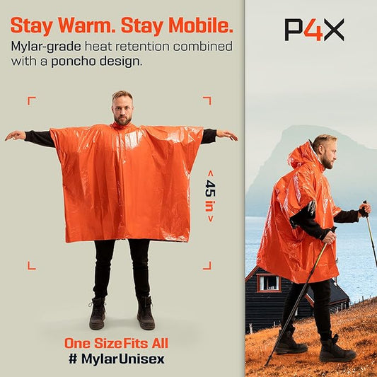 PREPARED4X Emergency Poncho and Mylar Blanket Liner - Waterproof, Wind-Resistant Outdoor Rain Poncho for Camping, Emergencies
