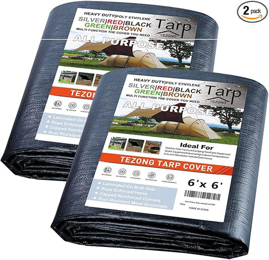 Tarps Heavy Duty Waterproof 6x6ft,TEZONG Black Tarp 12Mil Plastic Tarpaulin Outdoor Tarp Cover for Emergency Rain,Patio Furniture,Wood,Roof,Camping,Car,Pool 2pack