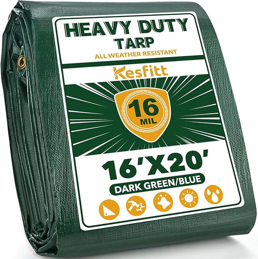Kesfitt Tarp Heavy Duty Waterproof 16x20FT,16 Mil Thick Tarps Tear&Fade Resistant,UV Resistant,Poly Tarp Cover with Grommets and Reinforced Edges for Outdoor Camping Pools Boat Car(Green/Blue)