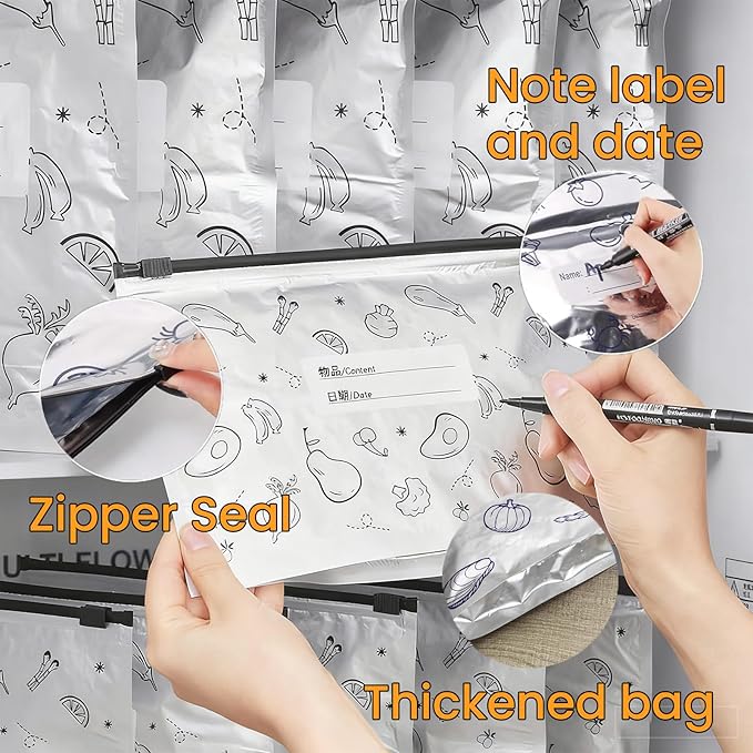 30Pcs Reusable Aluminum Foil Sealable Storage Bags, Thicken Stand Up Foil Sealable Bags with Label and Zip Lock, Aluminum Foil Bags for Food, Vegetable Fruit Meat (10*S+10*M+10*L)