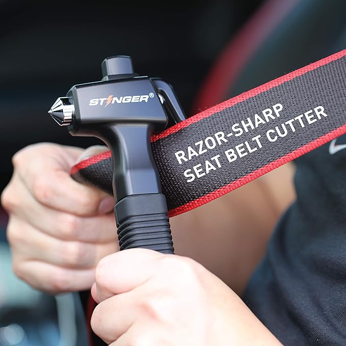 Stinger Super Duty Car Emergency Escape Tool - Hardened Carbon Steel Safety Hammer, Spring-Loaded Window Breaker, Razor-Sharp Seat Belt Cutter, Life-Saving Rescue Tool (Black and Black)