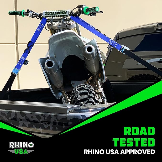 Rhino USA Motorcycle Tie Down Straps (2 Pack) Lab Inspected 2,200lb Break Strength, Steel Cambuckle Tiedown Set with Integrated Soft Loops - Better Than a Ratchet Strap (Blue 2-Pack)