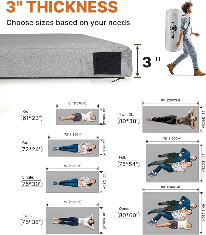3 Inch Memory Foam Camping Mattress, Dual Layer Thick Sleeping Camp Pad for Car Tent Cot, Roll-Up Portable Glamping Floor Bed for Guests Sleepover
