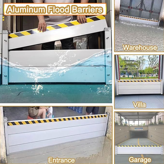 Garage Door Flood Barrier Threshold Kit, 3/4/5/6/7/8/9/10/11/12/13ft Long Detachable Aluminum Shield Door Water Stopper Barrier for Basement/Front Door/Gates/Sliding Door(H 2ft(60cm),15ft(4