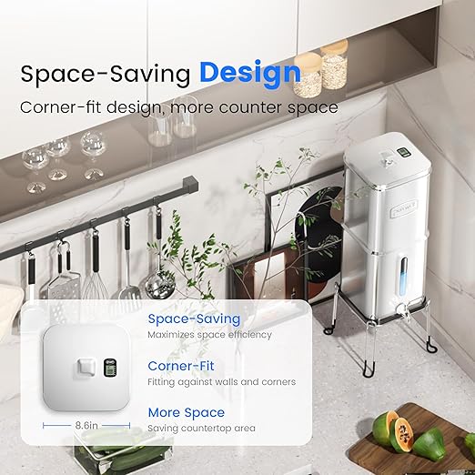 Purewell Square Series 3-Stage Gravity Fed Water Filter System with Water Level Window, Stainless Steel Countertop System with Smart Timer, 2 Upgraded Filters and Stand, Reduce 99% Chlorine, SQ-2.25G