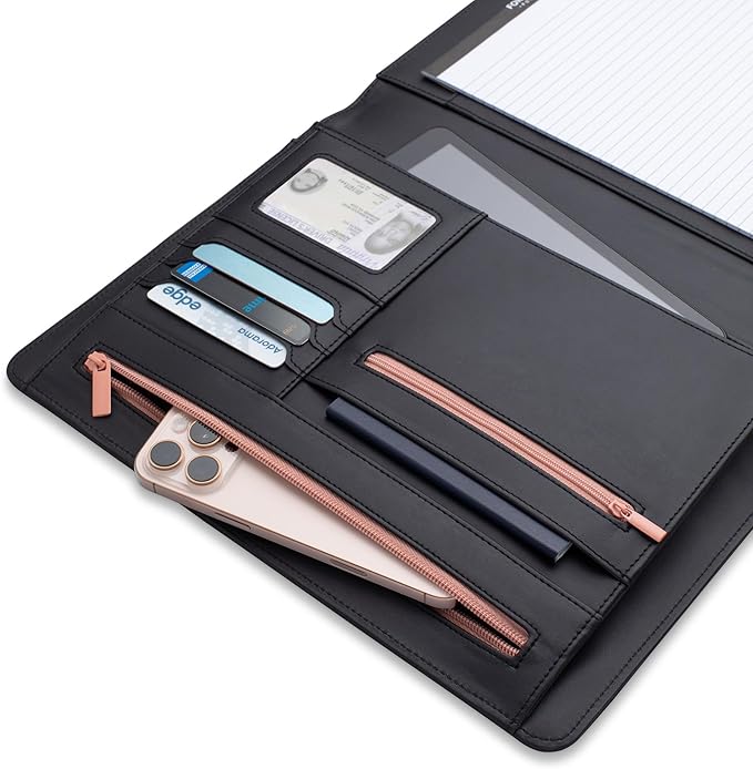 FOREVERMORE PORTFOLIOS Padfolio Binder Organizer for Women | Faux Leather Portfolio Folder for Resume, Documents, Notebook, Tablet and Business Cards | Notepad Included - Black