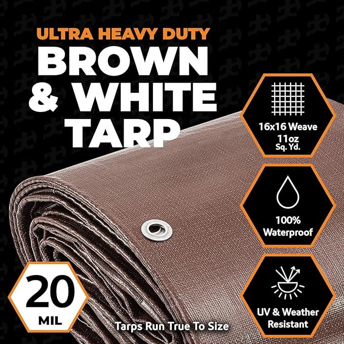20' x 30' Brown/White Ultra Heavy Duty Tarp - 20 Mil Tarps Heavy Duty Waterproof 20x30 - Extra Large Outdoor Tarp, Waterproof Tarp Cover for Rain Camping, Tent Tarp, UV Protection, Reinforced Corners