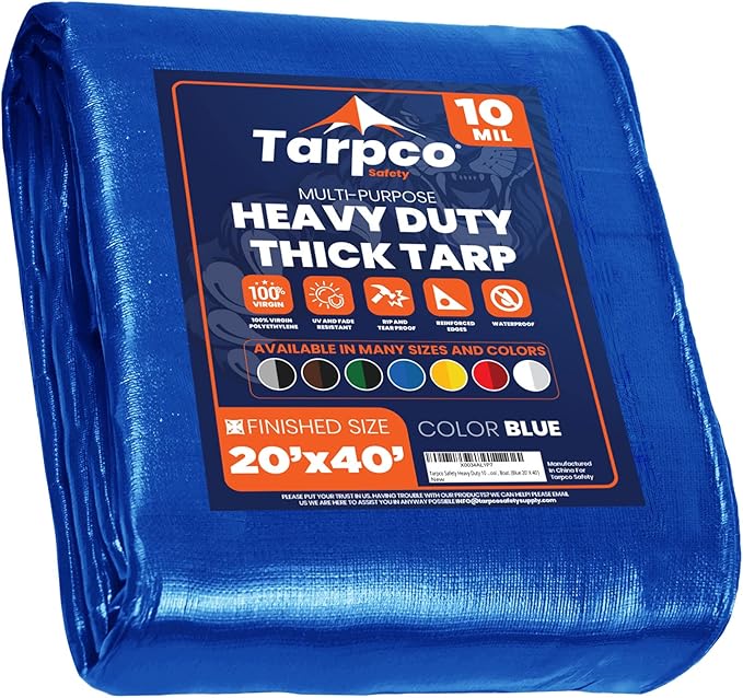 Tarpco Safety Heavy Duty 10 Mil Tarp Cover, Waterproof, UV Resistant, Rip and Tear Proof, Poly Tarpaulin with Reinforced Edges for Camping, Roof, Patio, Pool, Boat. (Blue 20′ X 40′)