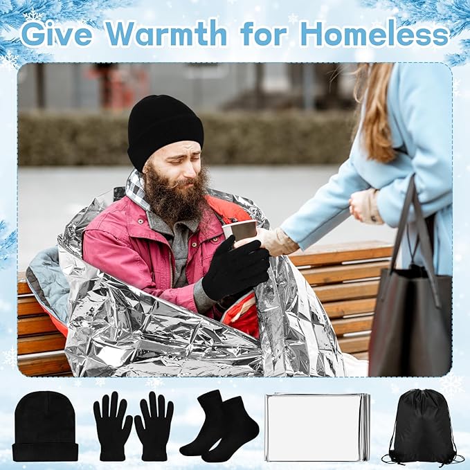 60 Pcs Homeless Care Package Supplies Winter Beanie Gloves Sock Drawstring Bags Emergency Blankets for Men Women