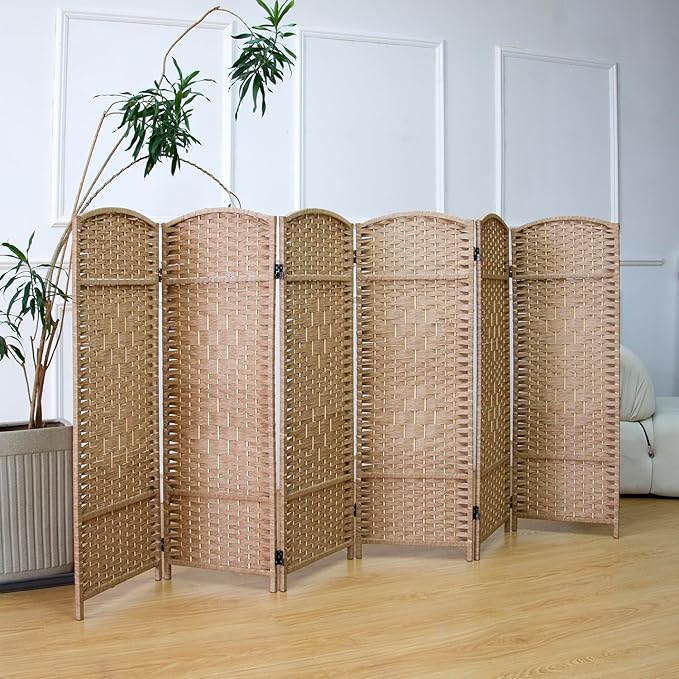 6 Panel Rattan Divider Short Room Partition Screen,Double Sided Folding Divider for Room Separation,Light Brown,47.2" H x 94.5" W