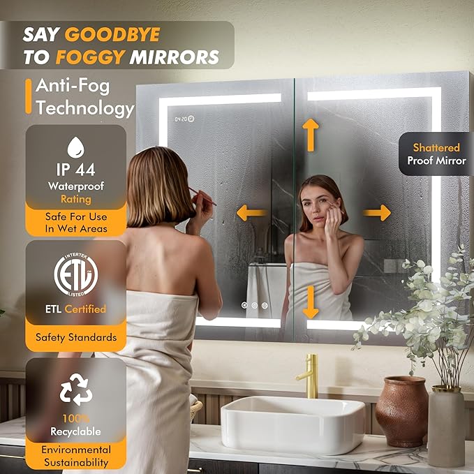 LED Lighted Medicine Cabinet Front & Backlit Dimmable Colours, Clock & Temp, USB Outlets (42 x 32)