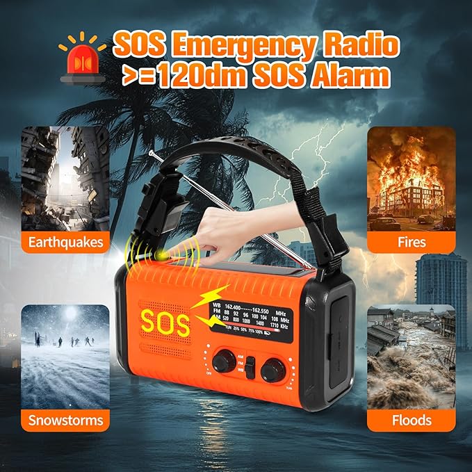 Hand Crank Emergency Radio, NOAA Weather Radio with AM/FM & Solar Radio, 20000mAh Rechargeable Battery Powered, Cell Phone Charging, 3 Modes Flashlight Reading Lamp, SOS Alarm for Emergency