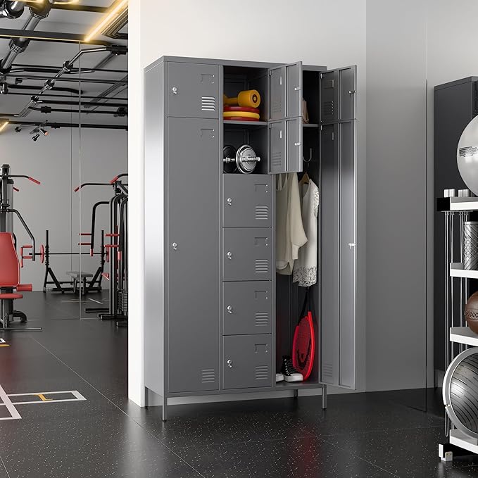 Metal Lockers for Employees with 10 Doors, 72" H Steel Lockable Storage Lockers with 6 Hooks and 10 Card Holder for Office, Home, Gym, School, Employees, Dark Grey