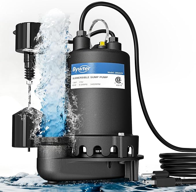1/2 HP Sump Pump, 4600 GPH High Flow, 22 FT Lift, 115V Cast Iron Sewage Pump with Built-in Vertical Float Switch, Heavy Duty Sewage/Effluent Pump for Basement, 10 FT Power Cord