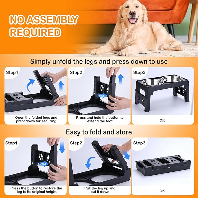 Elevated Dog Bowls - Raised Stand with 2 Stainless Steel and 1 Slow Feeder Bowl, Adjustable 5 Heights for Medium Large Dogs, Non-Slip, Black
