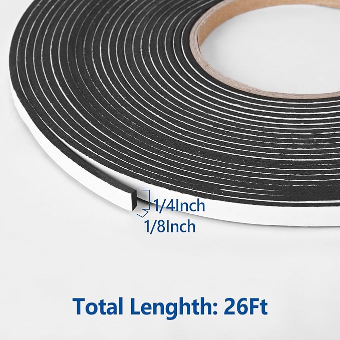 Kikerike Self Adhesive Foam Tape Weatherstrip 1/4In x 1/8In x 26Ft High Density Foam Insulation Strips Seal Weather Stripping with Strong Adhesive for Door and Window Sound Isolation Soundproofing