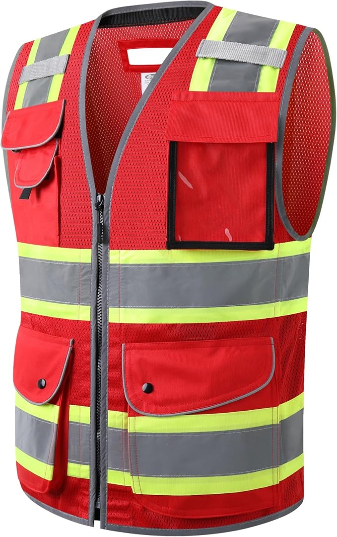 JKSafety 11 Pockets Hi-Vis Black Mesh Safety Vest for Men Women High Visibility Reflective Construction with Zipper Work Utility PPE Work Gear ANSI/ISEA compliant (102-Red XL)