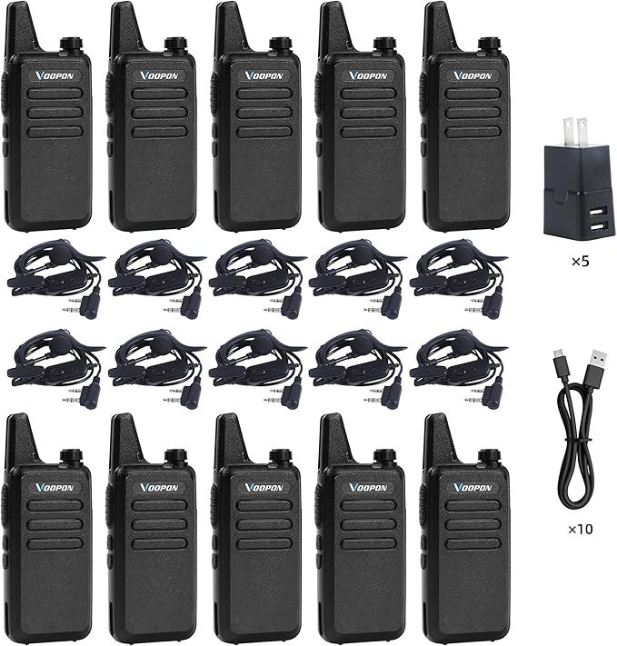 Rechargeable Walkie Talkies for Adults 22 FRS Channels Two-Way Radios with Earpieces Long Range VOX Mini Transceivers for Business Company USB Charger for Camping Hiking Church Shop (10 Pack)