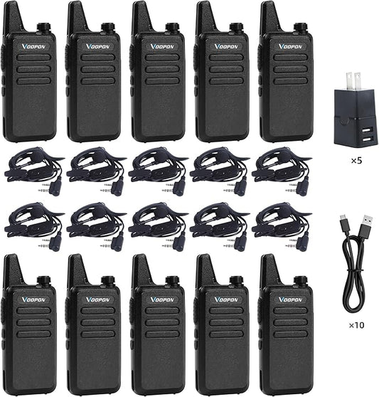 Rechargeable Walkie Talkies for Adults 22 FRS Channels Two-Way Radios with Earpieces Long Range VOX Mini Transceivers for Business Company USB Charger for Camping Hiking Church Shop (10 Pack)
