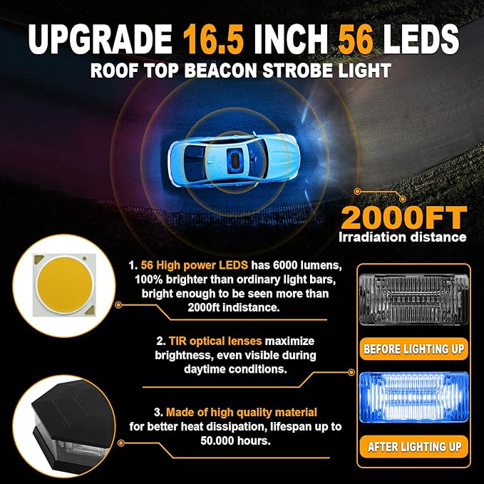 ASPL 16.5 Inch Roof Top Beacon Emergency Strobe Light 56 LED Magnetic Warning Caution lights bar Traffic Hazard Plow Light for Trucks Vehicles Construction Snowplow (Blue)