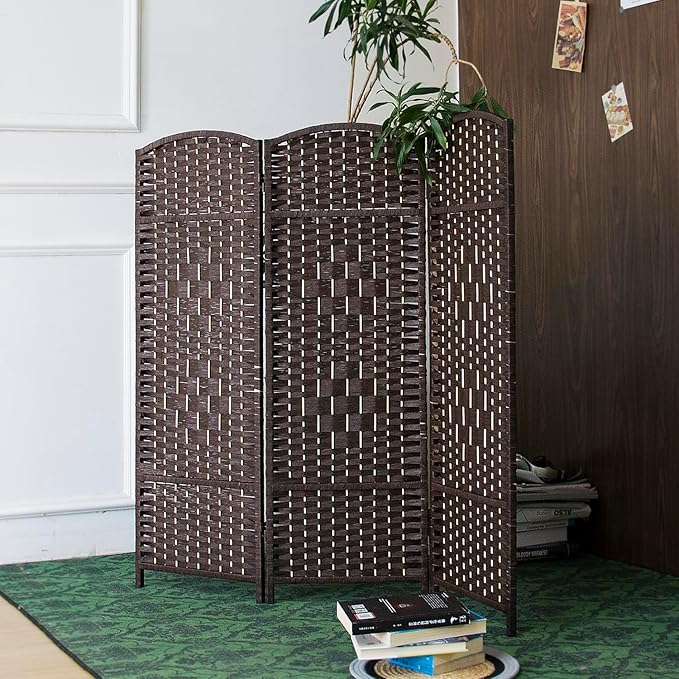 3 Panel Rattan Divider Short Room Partition Screen,Double Sided Folding Divider for Room Separation,Dark Brown,47.2" H x 47.2" W