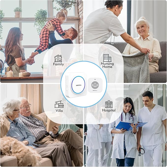 SINGCALL Wireless Caregiver Pager Panic Alarm System Personal Alarm for Elderly/Kids/Pregnant/Patients/Care Home/Hospital 32 Chimes&0-100dB Volume 1 Rechargeable Portable Receiver+ 1 Panic Call Button