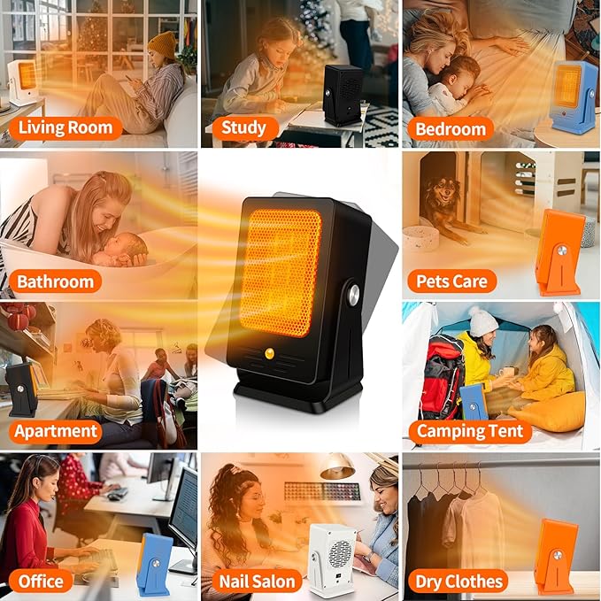 Space Heaters for Indoor Use,Desktop Small PTC Heater with 2s Fast Heating,Tip-Over&Overheat Protection,30°Adjustable Angle Portable Personal Electric Heater for Office,Bedroom,Garage,Dorm
