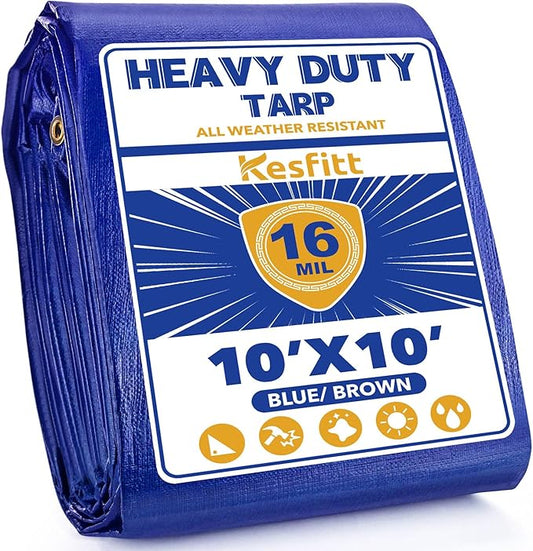 Kesfitt Tarp Heavy Duty Waterproof 10x10FT,16 Mil Thick Tarps Tear&Fade Resistant,UV Resistant,Poly Tarp Cover with Grommets and Reinforced Edges for Outdoor Camping Pools Boat Car(Blue/Brown)