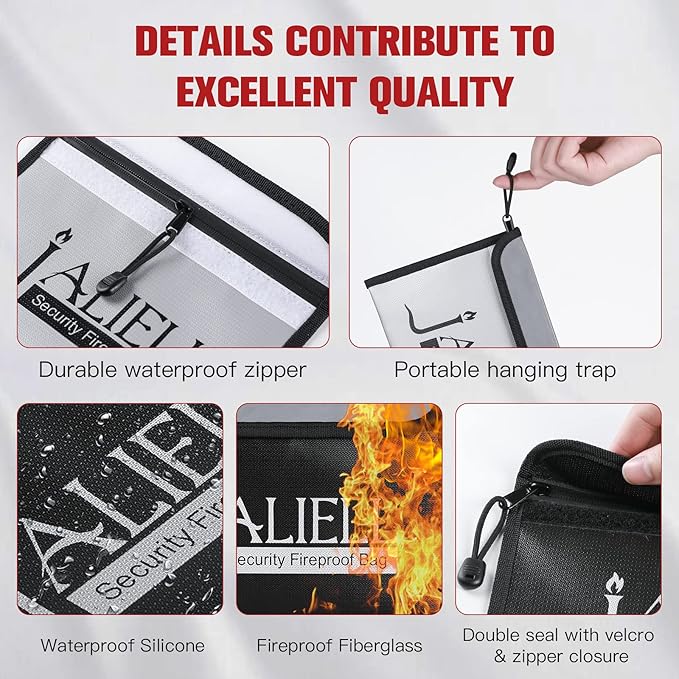 2 Pack Fireproof Money Bag (9.5x6.5''), Non-itchy Waterproof Fireproof Bag with Zipper, Small Fire Proof Money Bag for Cash, Valuables, Passport, Currency & Keys (Black & Grey)