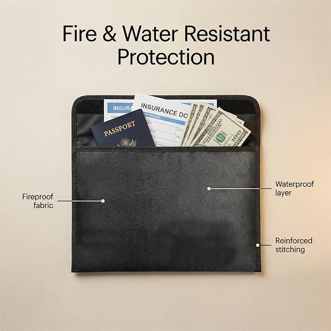 Fireproof Document Bag, Waterproof Storage Pouch with Zipper, 15 x 11 inches, Water and Fire Resistant Safe Envelope for Legal Documents, Valuables, Cash Storage, Black (Black, Horizontal Style)