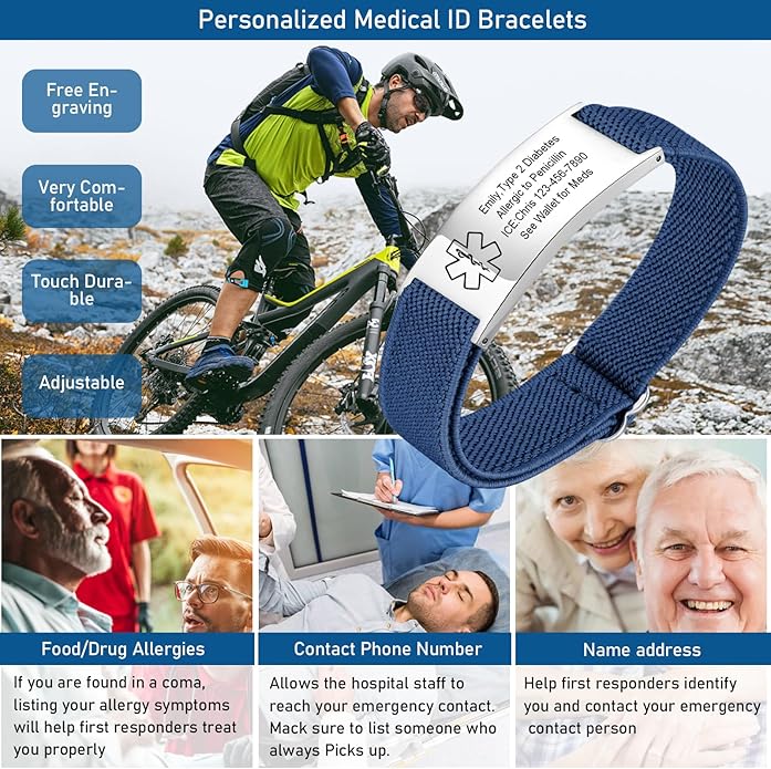 VNOX Medical Alert Bracelets for Men & Women Kids with Free Engraving Adjustable Stainless Steel Mesh Emergency Medical ID Bracelets Wristband